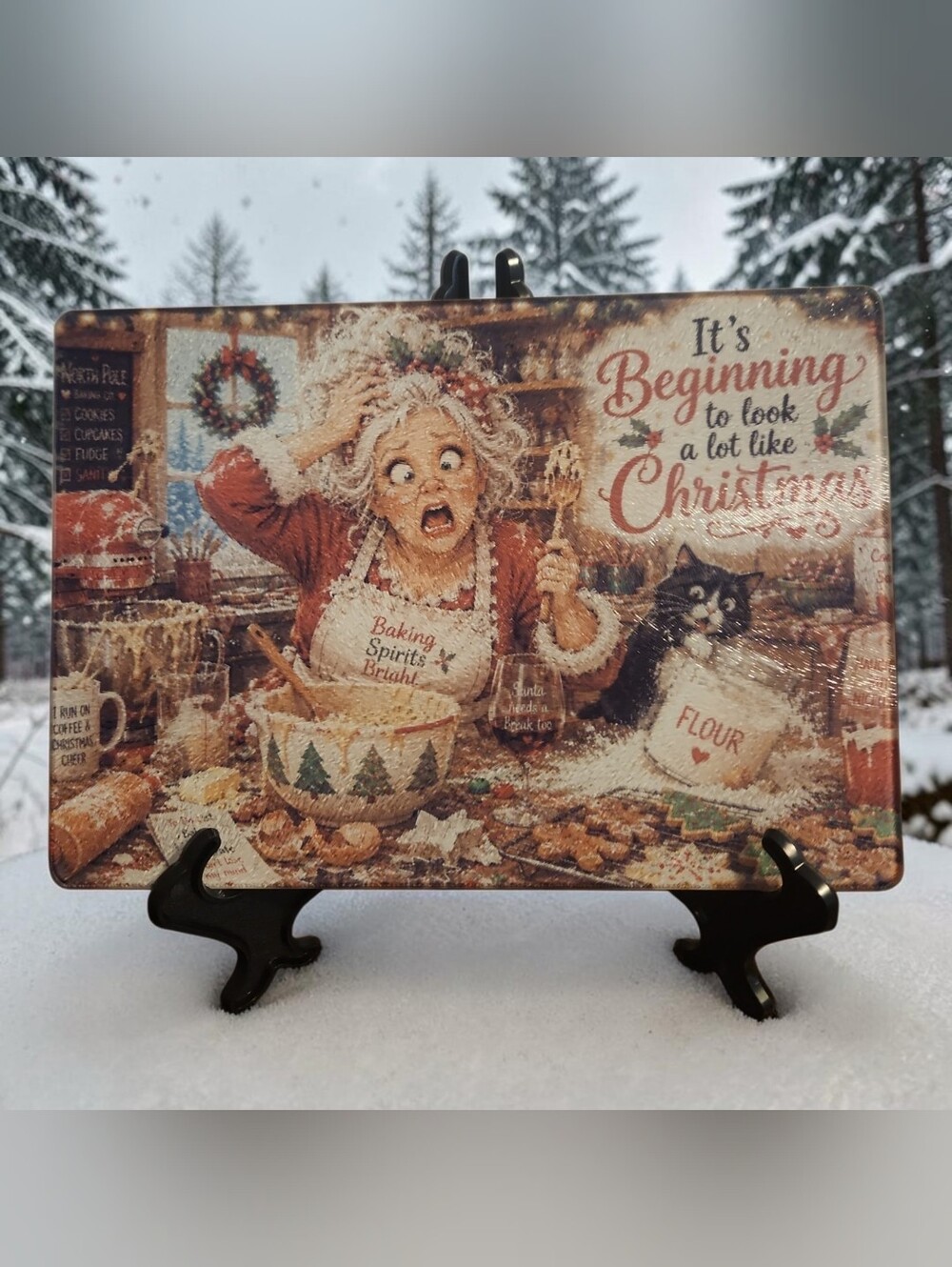 Glass Hand Crafted Cutting Board- Red and Cream Christmas Kitchen. NEW